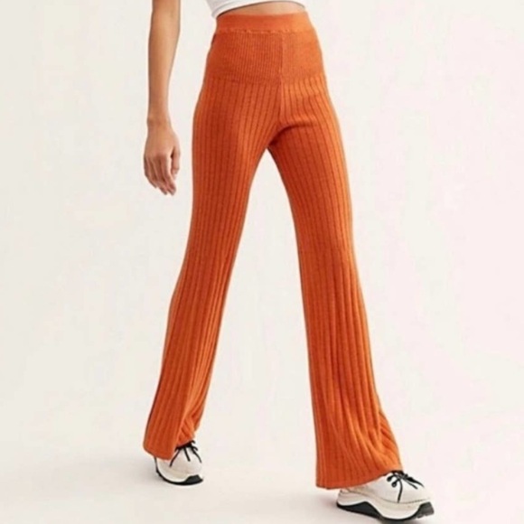 Free People Keep It Real Flare Orange Ribbed Knit Pants - Picture 1 of 4